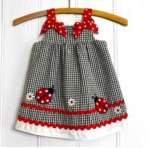 VINTAGE 80s 90s EUC Gingham Seersucker Ladybug Appliqué Ricrac Bow Dress